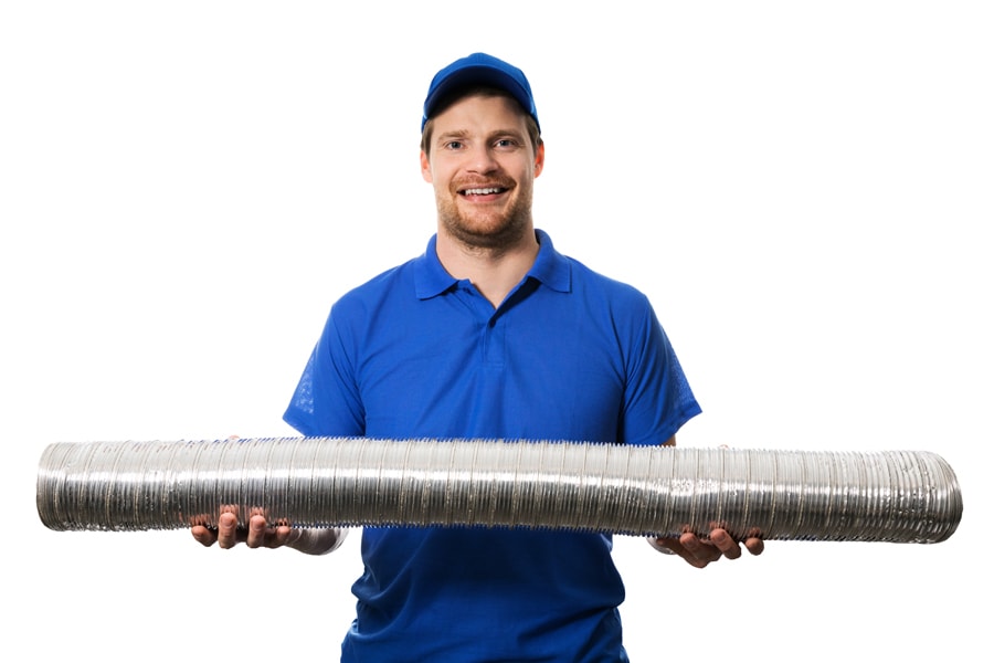 HVAC worker with flexible ventilation system tube in hands.
