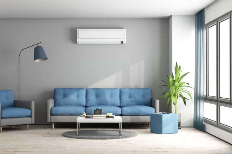 Blue and gray modern living room with sofa,armchair and air conditioner.