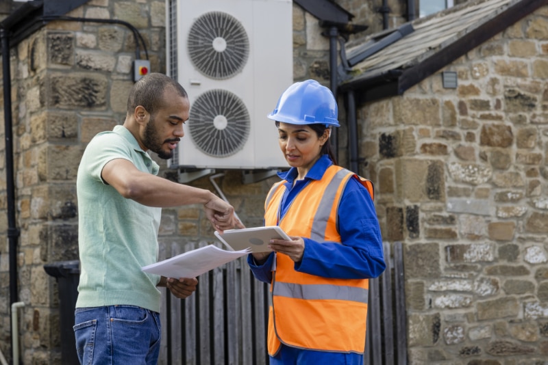 Why Choose a Variable-Speed Heat Pump? An air source heat pump on the side of a home being installed in the North East of England. The house is aiming to be sustainable. There is a construction worker with a hard hat and reflective jacket holding a digital tablet, talking to the home owner who is showing her documents.