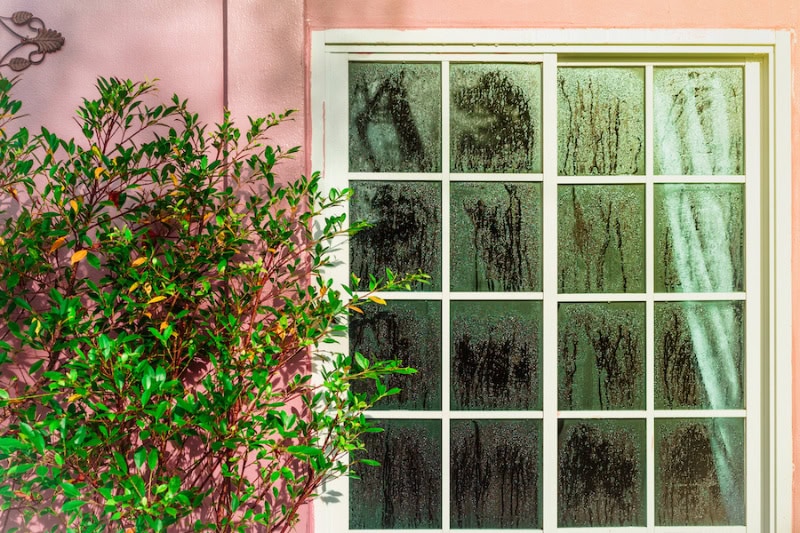 A Guide to Indoor Humidity Control. Glass door with condensation and a tree, high humidity. Texture of water on a glass. Phenomenon of nature and exterior concept.